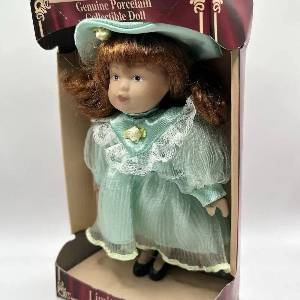 Limited Edition Hand Painted 6 in Porcelain Girl Doll Brown Curly Hair Outfit